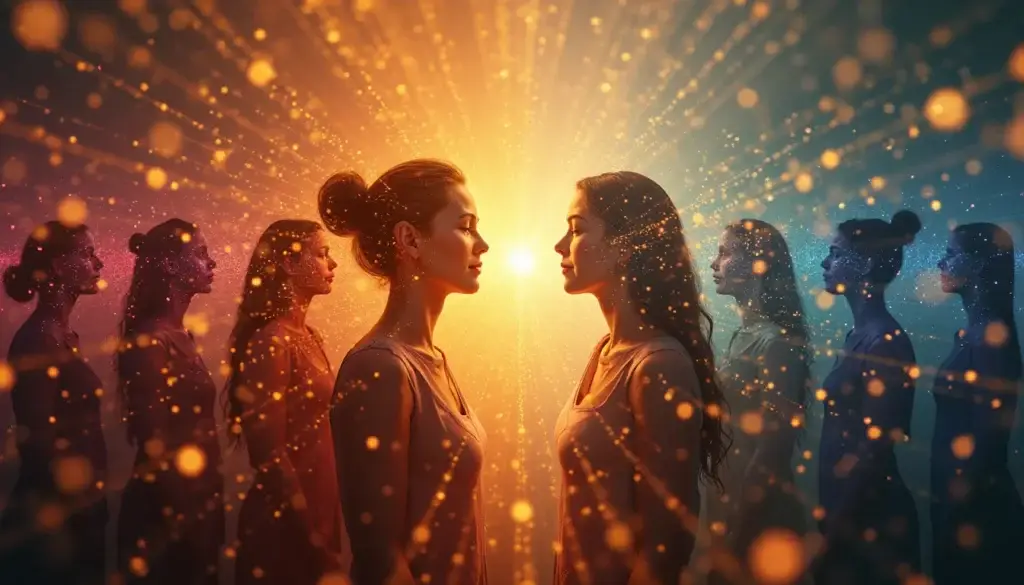 Interconnected human silhouettes with vibrant energy waves illustrating emotional connection and empathy